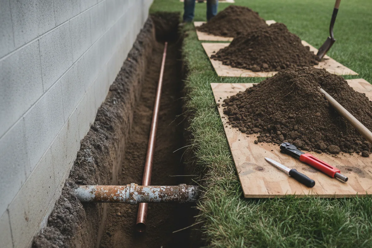 Excavated water line trench during Water Heater Repair in Coldspring
